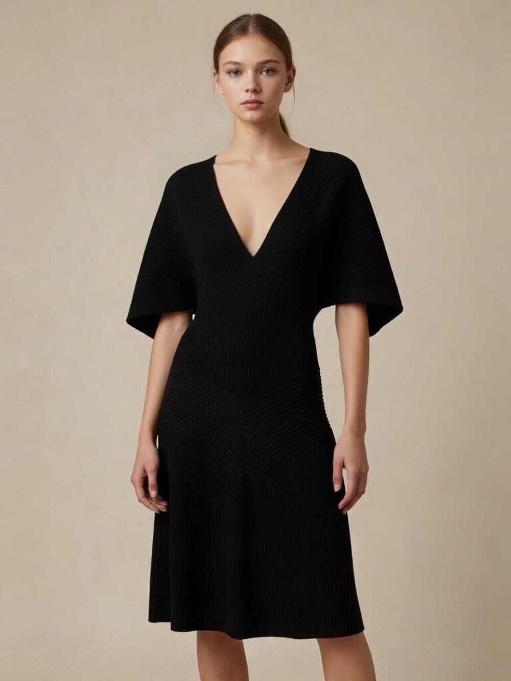 Anthropologie Black Ribbed Knit Sweater Midi Dress Flutter Sleeve Small NWT 0598